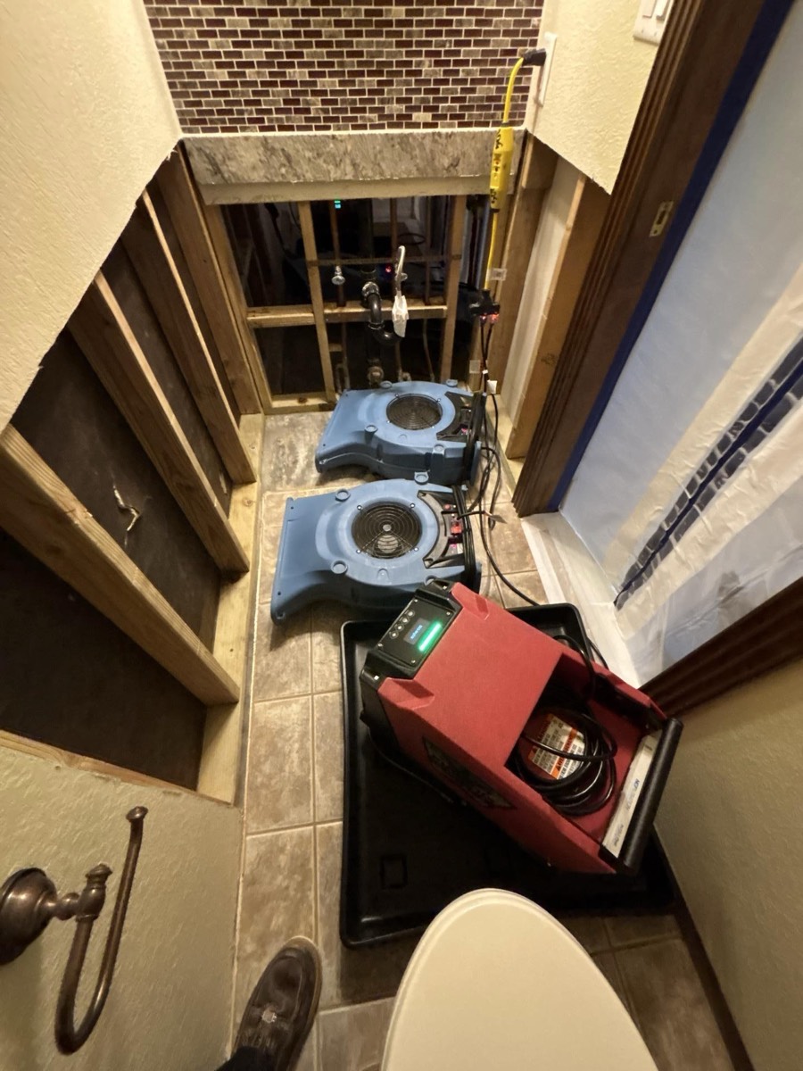 Bathroom structural drying, 2 air movers and 1 dehumidifier set after demo, Bakersfield CA